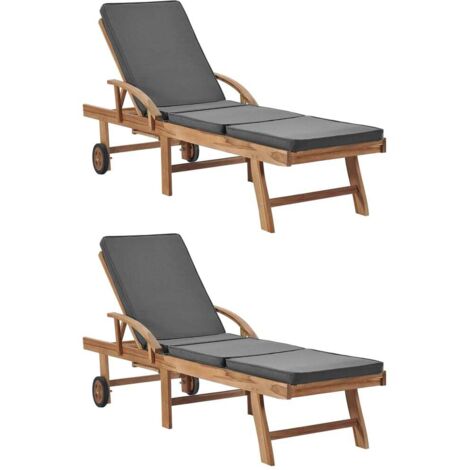 Sonnenliegen mit Auflagen 2 Stk. Massivholz Teak Dunkelgrau