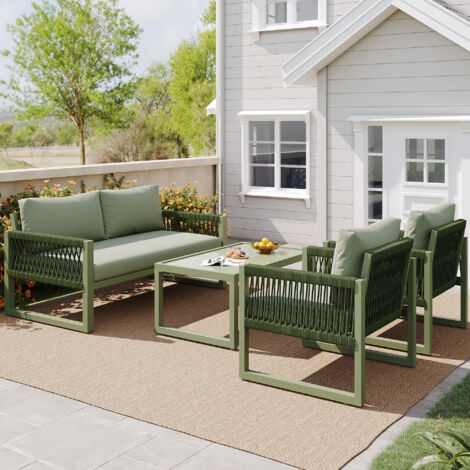 Sonnenliegen-Set für den Garten mit Rahmen aus verzinktem Eisen, Gartenmöbel-Set aus Seil, Sonnenliegen-Set aus grünem Seil mit Sitzkissen, verstellbaren Beinen, glatter Glasplatte, 4er-Set, alle Kiss