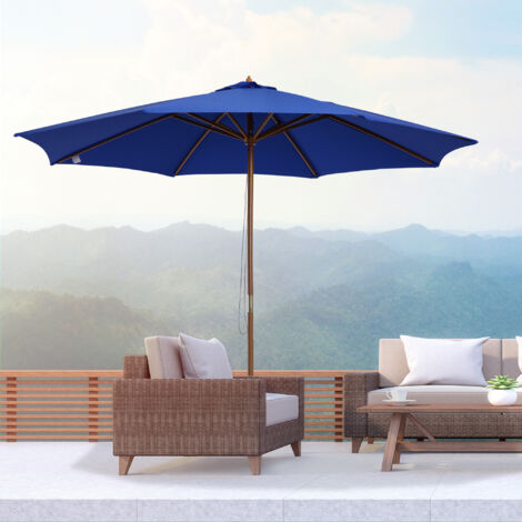 Sonnenschirm aus Fichtenholz und Bambus, Blau, 300 cm, mit Seilzug, wasserabweisendem Polyester für Garten und Terrasse