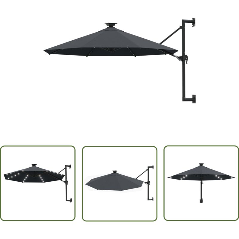 Helloshop26 The Living Store Sonnenschirm Zur Wandmontage Mit LEDs 300 Cm Anthrazit - Wand Sonnenschirm - Gartenschirm - Sonnenschutz - Outdoor Beleuchtung - Led