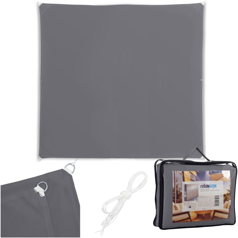 Relaxdays Sonnensegel, 4x4 M, Polyester, Wasserdicht, Segeltuch Ösen & Spannseile, Sonnentuch Quadratisch, Dunkelgrau