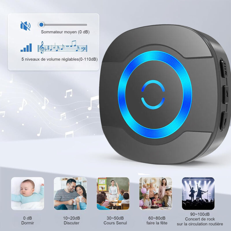 Wishdor - Sonnette de porte sans fil 300M, étanche IP55, carillon électronique avec récepteur enfichable pour maison, 55 mélodies, avec fonction led,