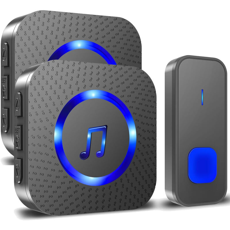 Bleosan - Sonnette sans Fil 300M Longue Portée Étanche Carillon Electronique 55 Mélodies 5 Niveaux Volume led Bleu 1 émetteur + 2 récepteurs