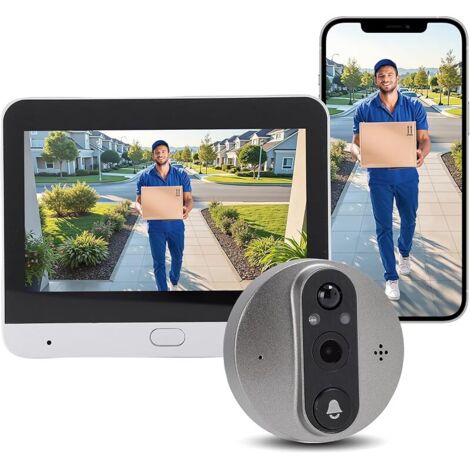 Sonnette de porte sans fil avec caméra et écran de 4,3 pouces, vidéo HD 1080P, vision nocturne, audio bidirectionnel, pour l'application Tuya, pas de WLAN nécessaire, installation simple pour