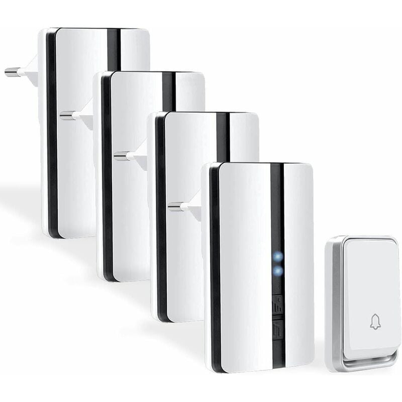 Jusch - Sonnette de porte sans fil sans fil - Sonnette sans fil avec quatre récepteurs - Étanche - 4 niveaux de volume - 52 sonneries - Sonnette de