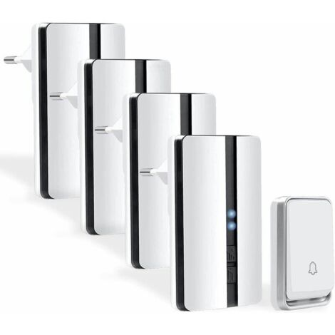 Sonnette de porte sans fil sans fil - Sonnette sans fil avec quatre récepteurs - Étanche - 4 niveaux de volume - 52 sonneries - Sonnette de porte d'entrée - Sonnette sans fil extérieure (Blanc)