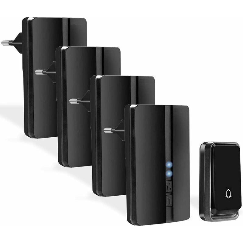 Jusch - Sonnette de porte sans fil sans fil - Sonnette sans fil avec quatre récepteurs - Étanche - 4 niveaux de volume - 52 sonneries - Sonnette de