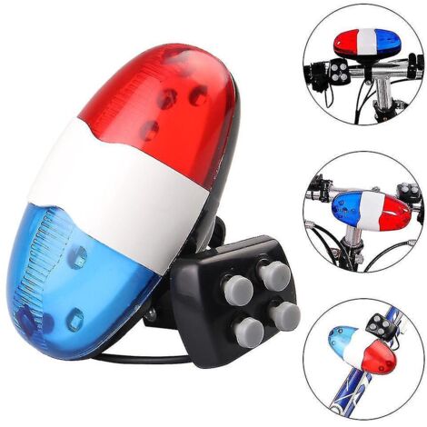 Sonnette de vélo VTT 6 LED 4 tonalités, klaxon électronique de voiture de police, sirène --