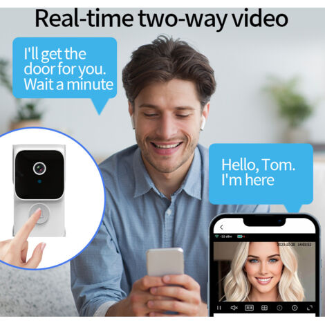 Sonnette intelligente sans fil avec caméra grand angle de 75 degrés, audio bidirectionnel, vision nocturne infrarouge et appel vidéo à distance (blanc).
