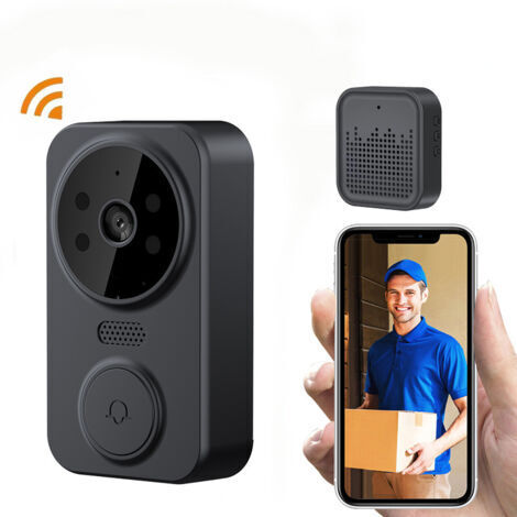 Sonnette intelligente sans fil avec interphone avec vision nocturne, caméra de sécurité Wi-Fi, audio bidirectionnel, noir