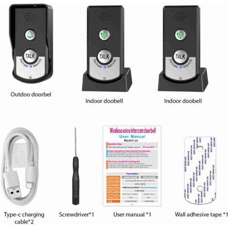 Sonnette Interphone Sans Fil Rechargeable Smart Intercom Porte Main 3 Niveaux Volume Réel 1000m Longue Distance Porte Electronique Maison Noire avec 2 Unités Intérieur et 1 Unités Extérieur IP54 Batte