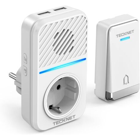 Sonnette sans Fil, 400M Sonnette de Porte sans Fil Auto-alimentée, IP65 Étanche Carillon Electronique, Kit de Carillon avec Prises USB Externe et Lumière LED, 60 Mélodies, 5 Niveaux Volumes