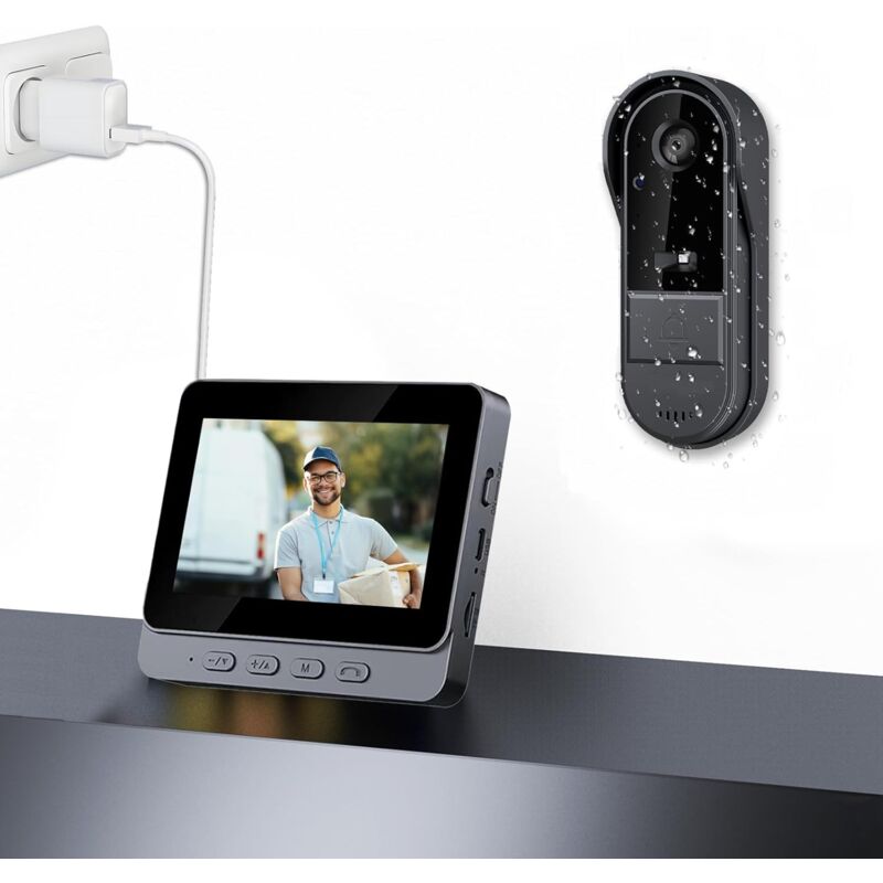 Sonnette sans Fil avec Caméra 1080P Exterieur étanche Visiophone Bluetooth Interphone Vidéo avec écran IPS de 4.3 Visiophone 170° Vision Nocturne