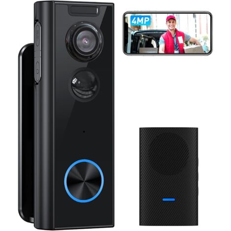 Sonnette sans Fil avec Caméra, 4MP UHD Sonnette sans Fil Exterieur Etanche avec Support Multi-Angle, Détection Mouvement PIR, 2.4G WiFi, Audio Bidirectionnel, Compatible avec Alexa