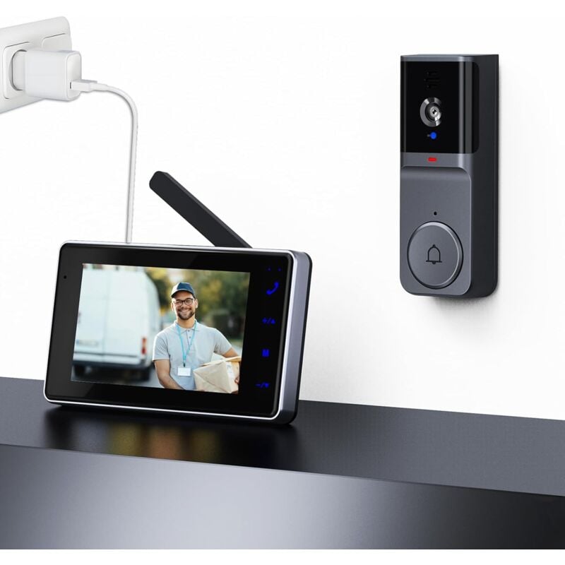Sonnette sans Fil avec Camera et ecran Visiophone Caméra de Sonnette 1080P avec Écran sans APP Interphone Vidéo avec Vision Nocturne œil d'une Porte