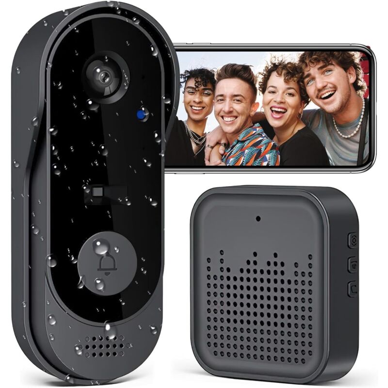 Sonnette sans Fil avec Caméra,1080P WiFi Sonnette Étanche, Batterie Visiophone sans Fil avec Carillon, Audio Bidirectionnel