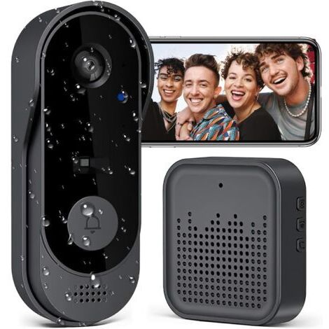 Sonnette sans Fil avec Caméra,1080P WiFi Sonnette Étanche, Batterie Visiophone sans Fil avec Carillon, Audio Bidirectionnel