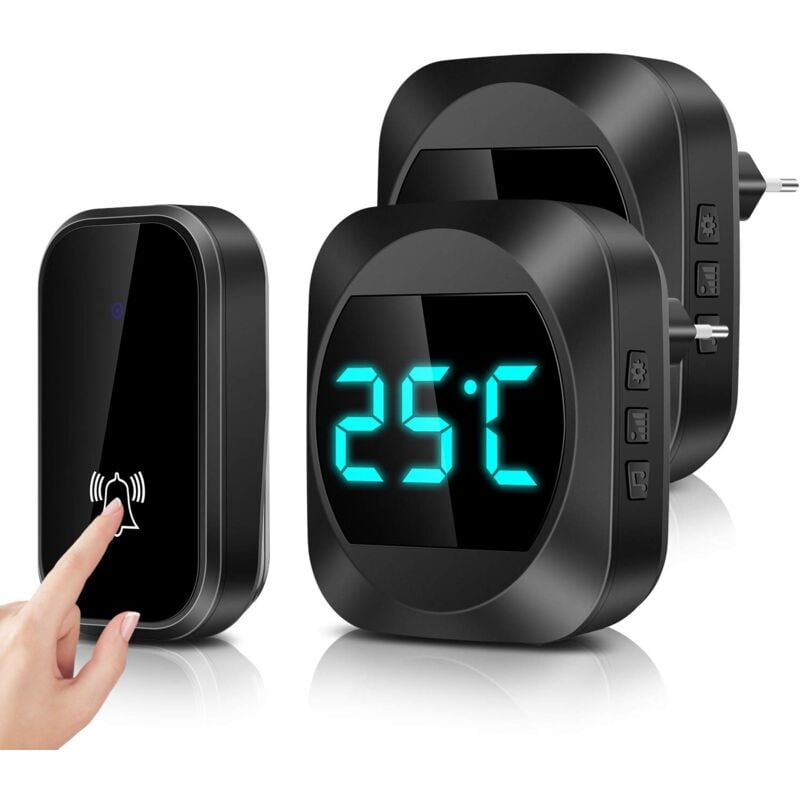 Sonnette sans Fil, avec Température LED, Sonnette de Porte Étanche Kit de Carillon Electronique avec 2 Récepteur Enfichables