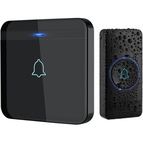 Sonnette sans Fil, Bouton de Sonnette, Carillon de Porte étanche IP55 avec 1 récepteurs enfichables, Flash LED, 5 Niveaux de Volume, 52 mélodies, portée de Fonctionnement de 400 m, Noir