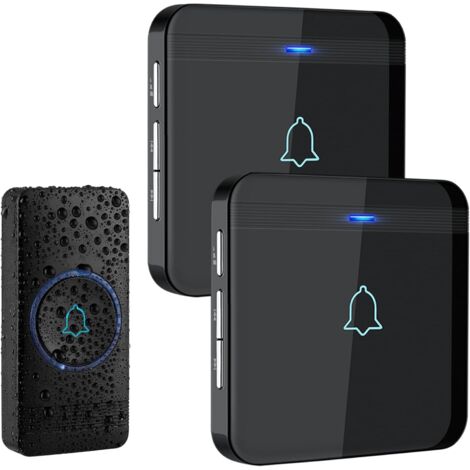 Sonnette sans Fil, Bouton de Sonnette, Carillon de Porte étanche IP55 avec 2 récepteurs enfichables, Flash LED, 5 Niveaux de Volume, 52 mélodies, portée de Fonctionnement de 400 m, Noir