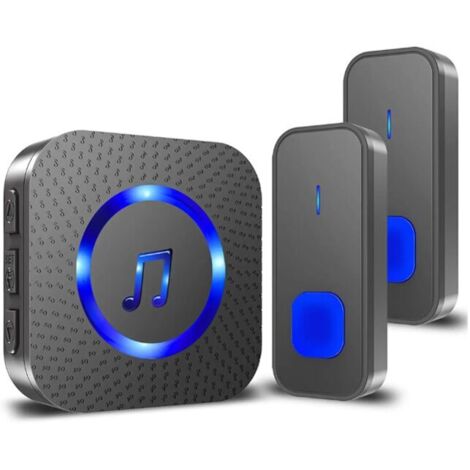 Sonnette sans Fil Carillon de Porte Exterieur IP55 Étanche à 400M Deux Bouton Emetteurs avec Un Récepteur Enfichable, Indicateur LED Bleu, 5 Niveaux Volumes et 55 Mélodies, Noir