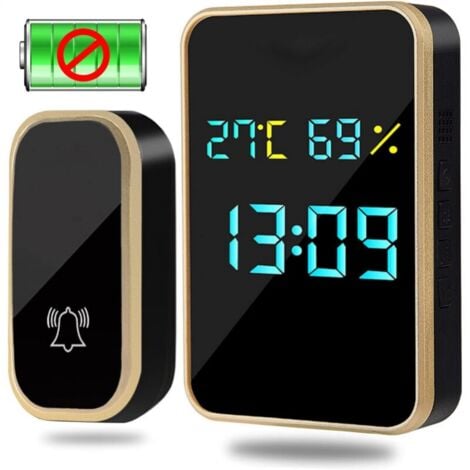 CYSLMUK Sonnette sans fil d'extérieur étanche et automatique sans piles, affichage de la température, de l'humidité et de l'heure, sonnette sans fil avec 38 mélodies et 4 niveaux de volume