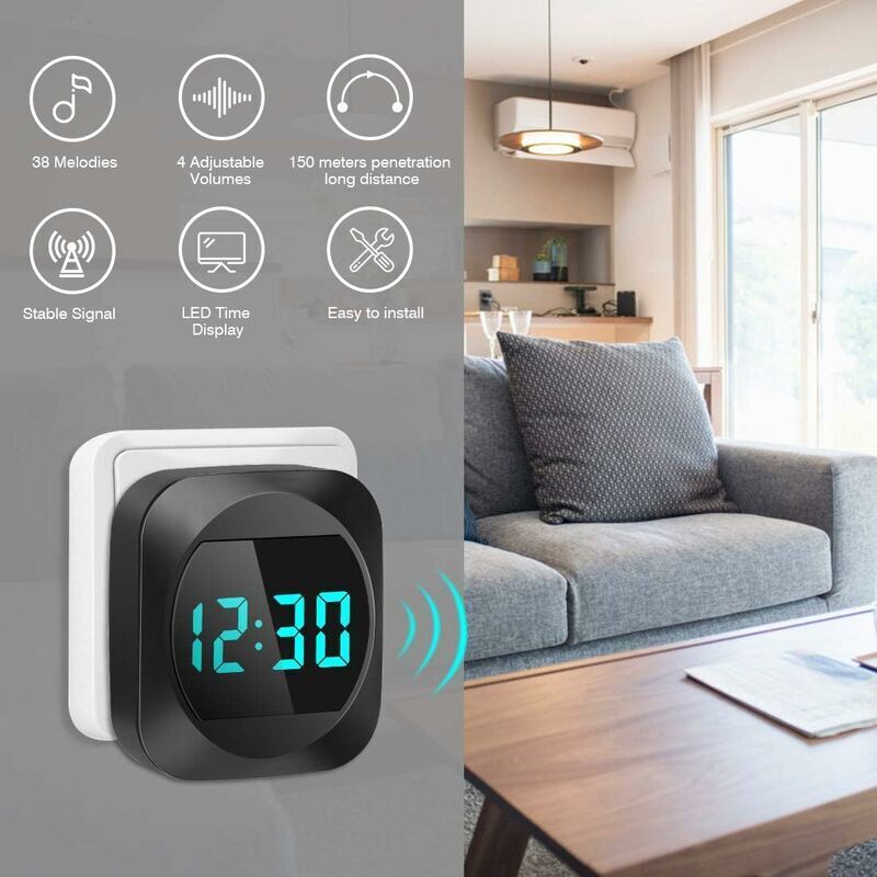 Tigrezy - Sonnette sans Fil Étanche Exterieur avec Affichage de L'heure led, Kit Carillon de Porte sans Fil avec 1 Récepteur, 38 Mélodies