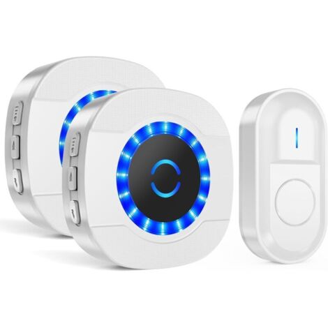 Sonnette sans Fil Exterieur Etanche, 300M Sonnette de Porte, Étanche Electronique Kit de Carillon avec 2 Récepteurs Enfichables pour la Maison, 55 Mélodies, 5 Niveaux Volumes, LED Bleu