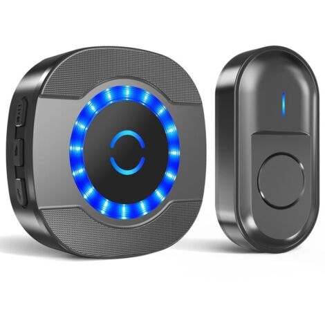 Sonnette sans Fil Exterieur Étanche, 300M Sonnette Longue Portée avec Récepteurs Enfichables, Carillon Electronique Kit avec pile pour la Maison, LED Bleu, 55 Mélodies, 5 Niveaux Volumes, Noir