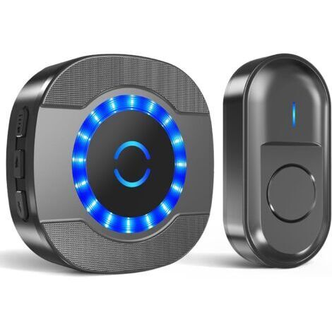 Sonnette sans Fil Exterieur Étanche, 300M Sonnette Longue Portée,LED Bleu, 55 Mélodies, 5 Niveaux Volumes, Noir