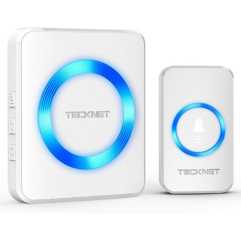 Sonnette sans Fil Exterieur Étanche, IP65 Étanche 400 Mètres Sonnette Electronique, 60 Mélodies 5-Niveaux LED Bleu, pour Maison, Hôtel, Urgence-Blanc, Montage Mural