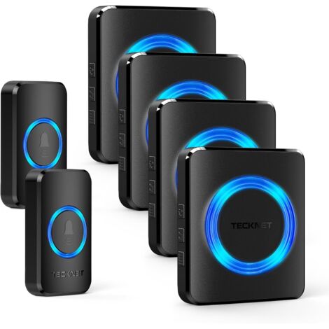 Sonnette sans Fil Exterieur Étanche, IP65 Étanche 600 Mètres Sonnette Electronique, Deux Émetteurs et Quatre Récepteurs pour Sonnette, 60 Mélodies, Noir