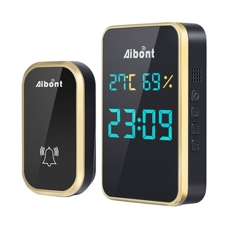 Tonchean - Sonnette sans fil sans batterie-ABS-extérieur étanche automatique sans piles, affichage de la température, de l'humidité et de l'heure-noir