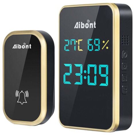 Sonnette Sans Fil Sans Piles Etanche Exterieur Automatique Affichage Temperature Humidite Heure Noir ABS