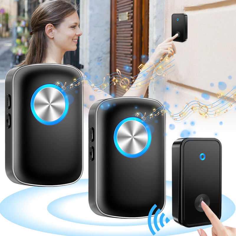 Sdlogal - Sonnette Sans Fil 150 Mètres Sonnette de Porte Étanche Carillon Electronique, Kit de Carillon avec 2 Récepteurs Enfichables, 60 Mélodies au