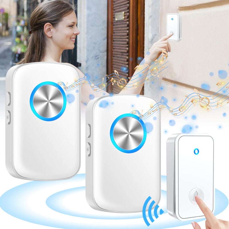 Sonnette sans Fil Exterieur Etanche, SDLOGAL Sonnette de Porte Étanche Carillon Electronique, Kit de Carillon avec 2 Récepteurs Enfichables, 60