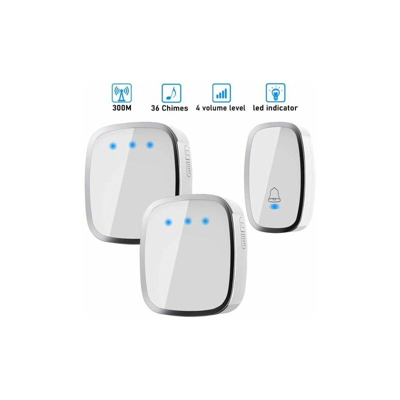 Fei Yu - Sonnette sans Fil, Sonnette de Porte étanche à 300 Mètres de Portée, Carillon sans Fil avec 1 Transmetteur et 2 Récepteur Enfichable et 36