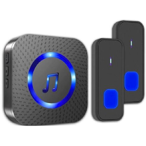 Sonnette sans fil, sonnette électronique d'extérieur étanche, portée 300 m, émetteur à deux boutons avec récepteur enfichable, pour la maison, LED bleue, 55 mélodies, 5 volumes, noir