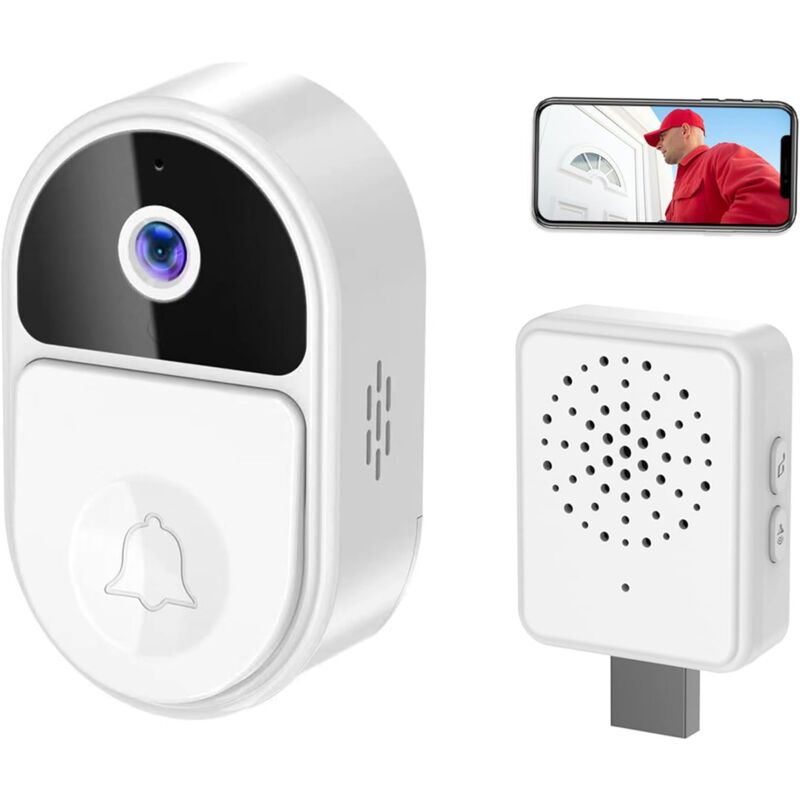 Sjqka - Sonnette vidéo intelligente, caméra de sonnette vidéo WiFi,batterie 1000 mAh,changement de voix,Blanc
