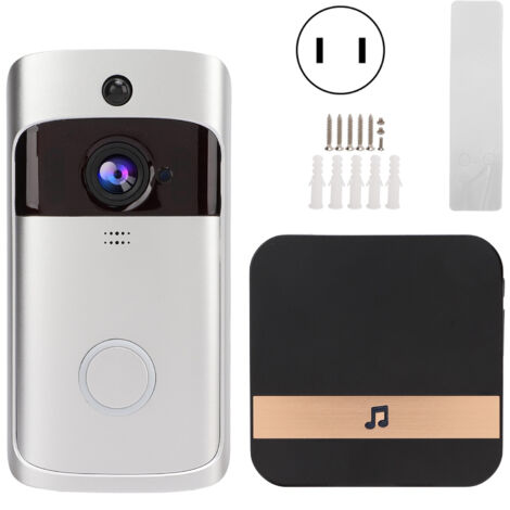 Sonnette Vidéo Intelligente Sans Fil WIFI, Détection Mouvement PIR, Interphone Contrôle APP, Alimentation 90‑260V, Prise US, Argenté