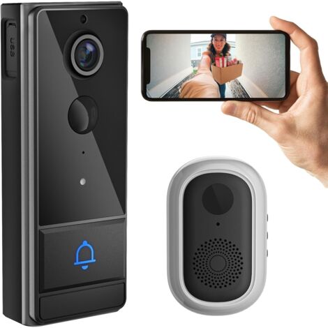 Sonnette vidéo intelligente WiFi, interphone vidéo sans fil avec réveil PIR, résolution 1280x720, vision nocturne, audio bidirectionnel, étanche IP65, sécurité domestique, noir.