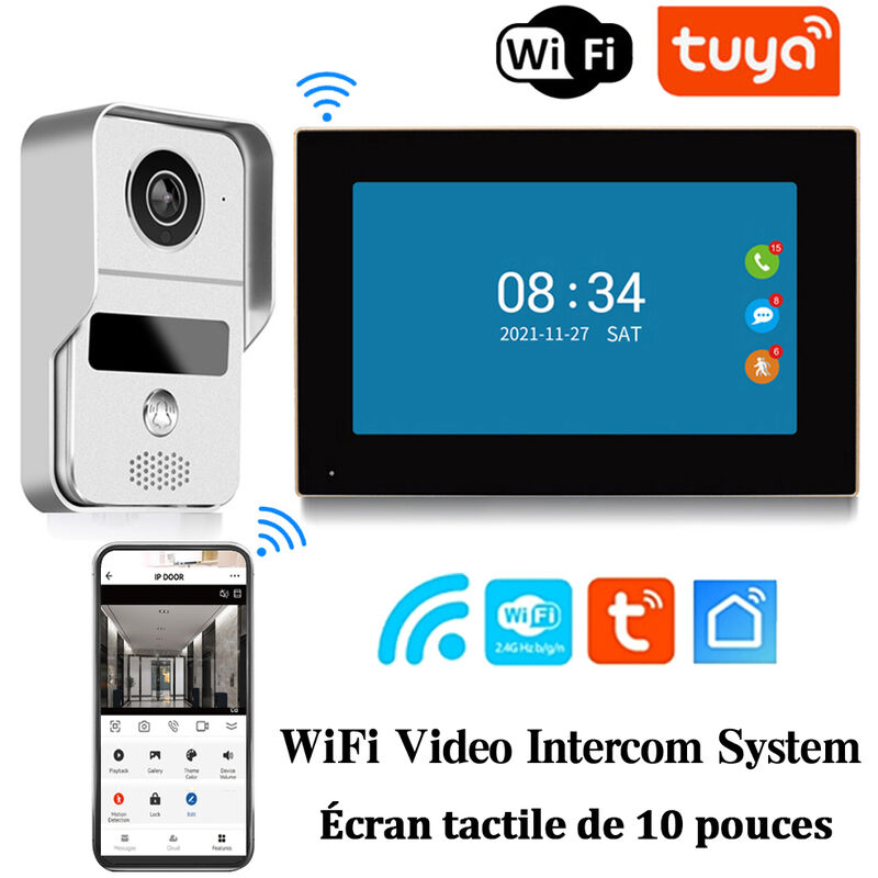 Sonnette video tuya WiFi 1080P Visiophone 10 Ecran Tactile Application Intelligente Systeme d'interphone video pour Systeme de Controle d'Acces rfid