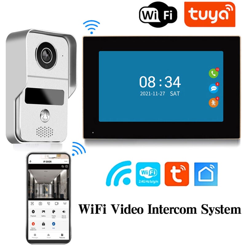 Sonnette video TUYA WiFi 1080P Visiophone 7 Ecran Tactile Application Intelligente Systeme d'interphone video pour Systeme de Controle d'Acces RFID