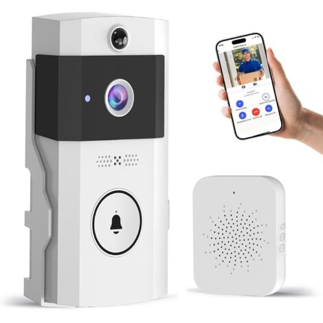 Sonnette vidéo Wi-Fi sans fil avec audio bidirectionnel, caméra de porte d'entrée extérieure, vision nocturne et stockage cloud, sonnette vidéo Wi-Fi 2,4 GHz avec carillon, installation facile, pour l