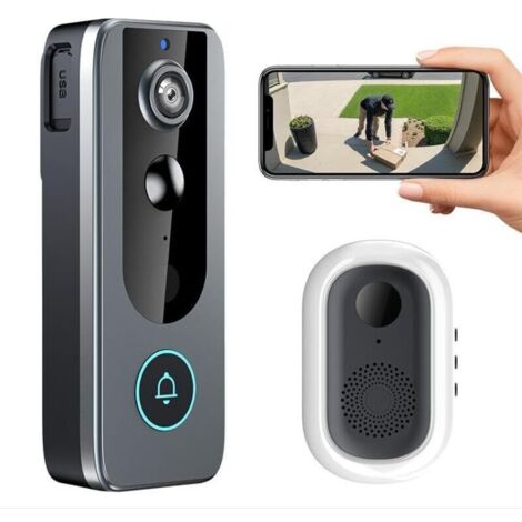 Sonnette Vidéo WiFi M20, Caméra HD 1080p avec Vision Nocturne, Audio Bidirectionnel, Détection de Mouvement, Batterie Rechargeable, Compatible Tuya Smart, Noir et Gris, Installation Murale