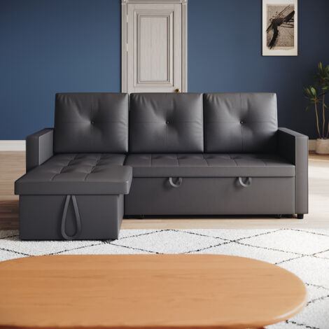 SONNI 3-in-1 Ecksofas mit Ausziehbett, Verstecktem Stauraum und Kunststoffbeinen, Dunkelgrau, Passend für Viele Dekorationsstile