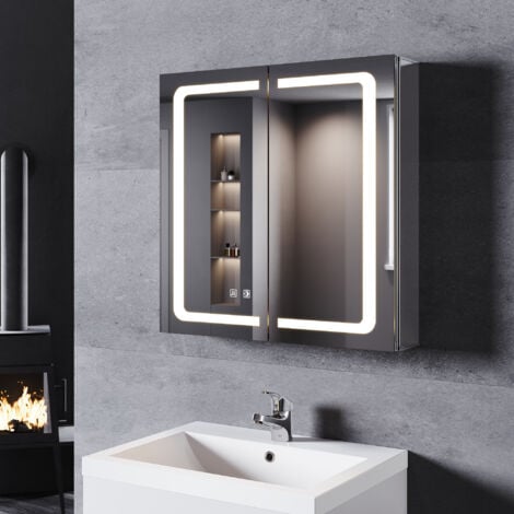 SONNI Alu Spiegelschrank mit beleuchtung und steckdose Beschlagfrei Badspiegel LED Touch 65x65x13.3cm Drahtloses Scharnier & 3 Lichtfarben Dimmbar