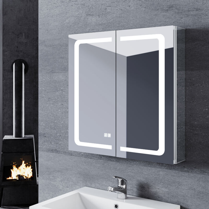 Armoire de toilette en aluminium led 65x65x13,3cm avec éclairage avec prise tactile Armoire de salle de bain antibuée Miroir de salle de bain - Sonni