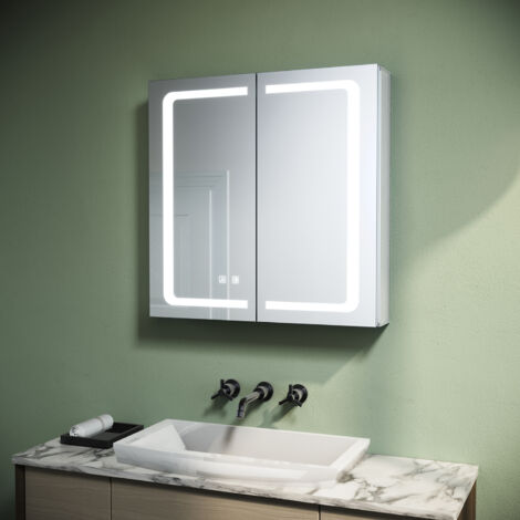 SONNI Aluminium Spiegelschrank LED mit Beleuchtung 3 Lichtfarben Dimmbar mit Touch Steckdose Beschlagfrei Badschrank Badspiegel 65x65x13.3cm