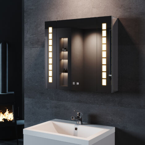 SONNI Aluminium Spiegelschrank mit LED Beleuchtung 3 Lichtfarben Dimmbar 65x60cm mit Touch Steckdose und Beschlagfrei